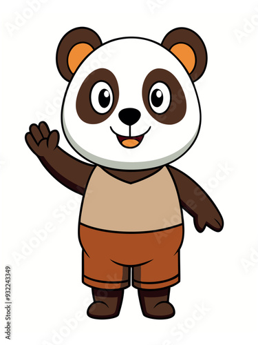 a cute panda wearing brown shorts waving like saying hi