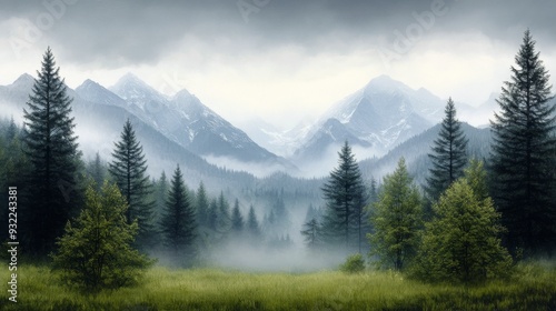 Misty mountain landscape with evergreen trees and tall grass at dawn