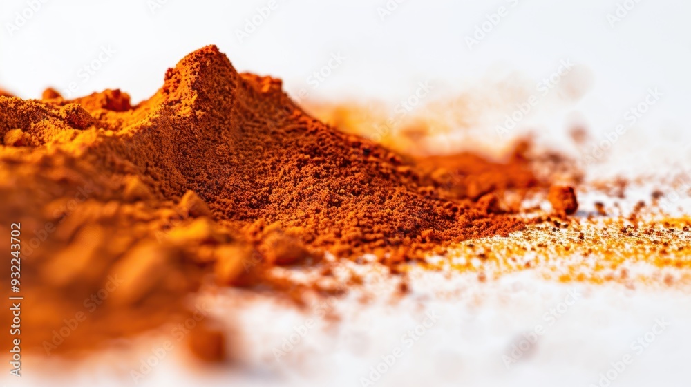 Close up of ground turmeric forming a mountain range on white background, capturing the vibrant color and texture of this popular spice Close up of ground turmeric forming a mountain range on white background, capturing the vibrant color and texture of this popular spice