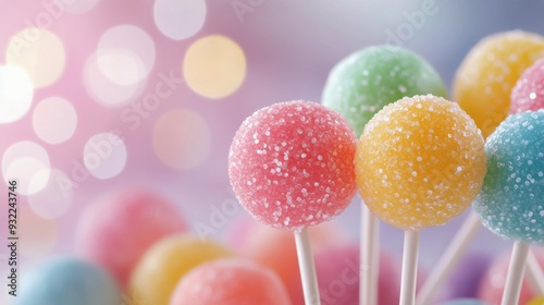 Colorful swirl lollipops with sprinkles against a blurred blue background