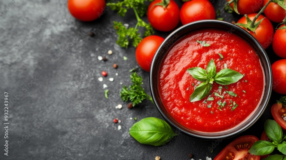 Rich red tomato sauce with fresh tomatoes and herbs on a dark countertop Rich red tomato sauce with fresh tomatoes and herbs on a dark countertop