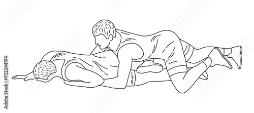 Sketch of wrestlers in a prone position, Greco-Roman wrestling, duel, sketch outline