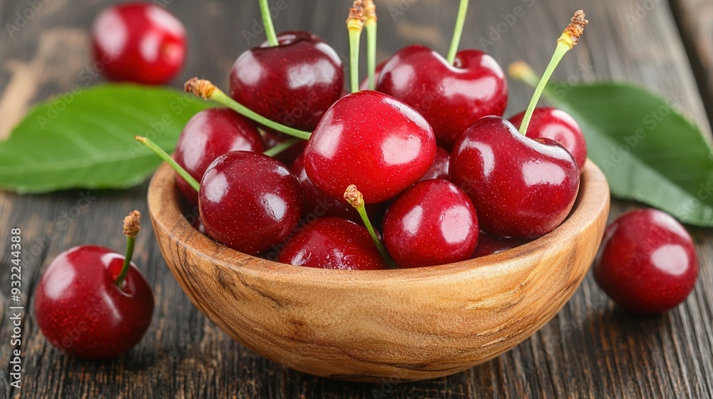 A wooden bowl holding red cherries rests atop a wooden table adjacent to a lush, green leaf A wooden bowl holding red cherries rests atop a wooden table adjacent to a lush, green leaf