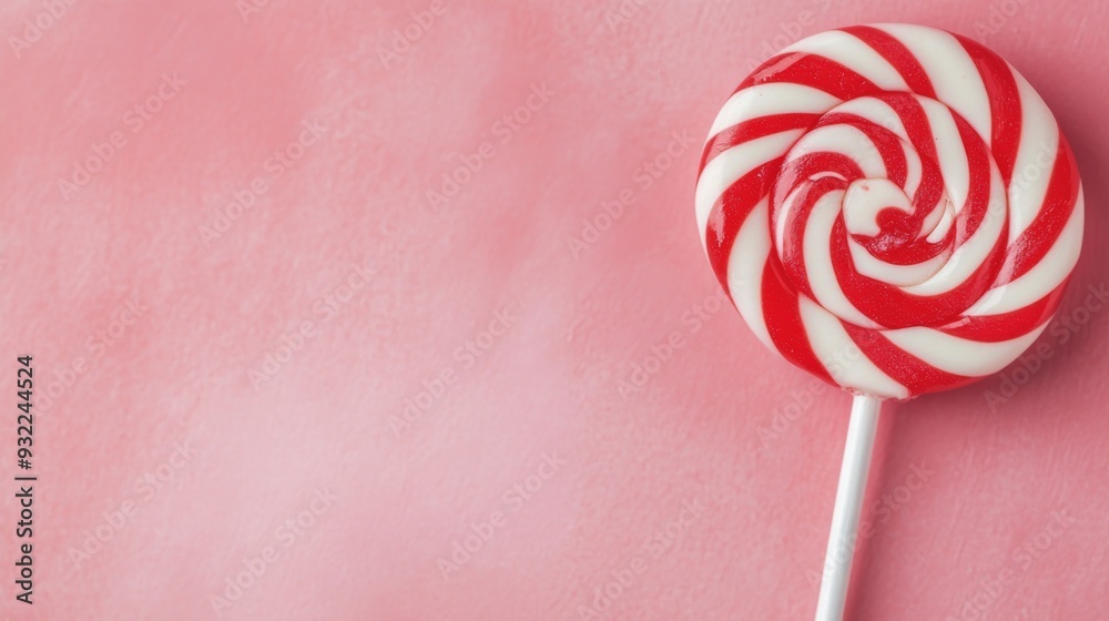 Red and white swirled lollipop against a pink background Red and white swirled lollipop against a pink background