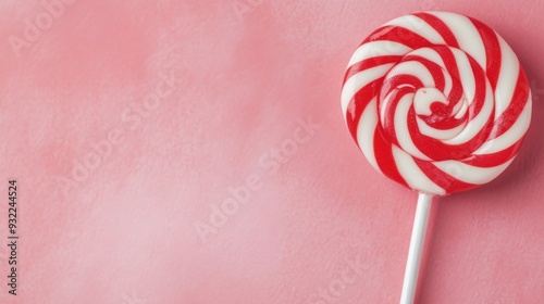 Red and white swirled lollipop against a pink background