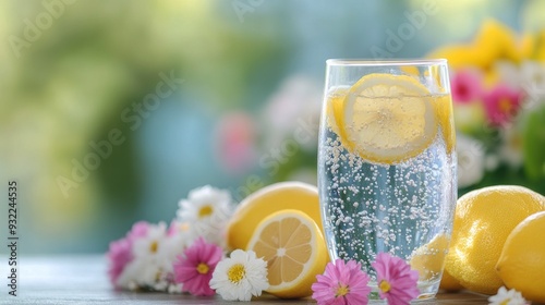 Sparkling water with fresh lemons and vibrant flowers on a sunny day