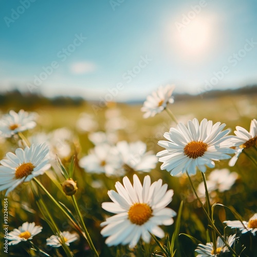 Sunlight illuminating a field of daisies at dusk