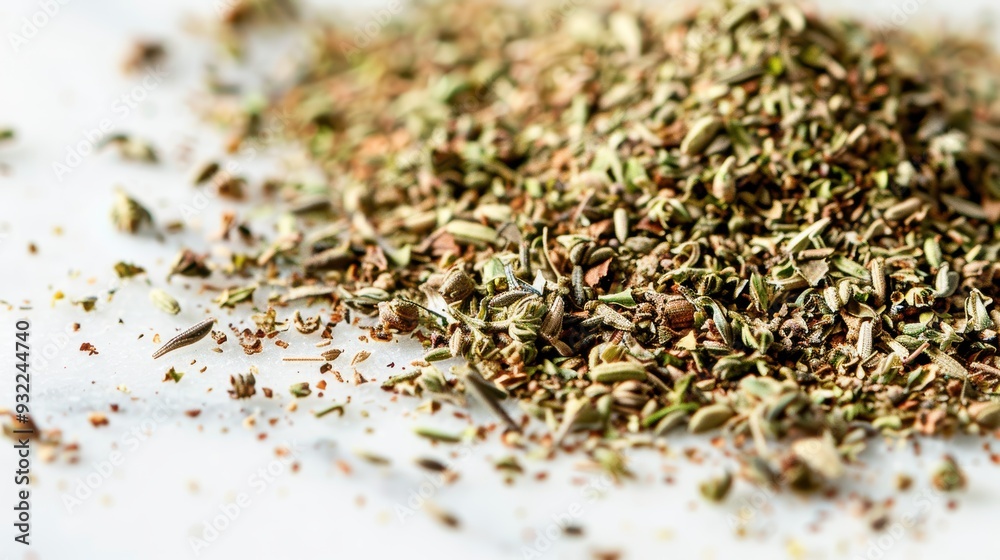 Dried herbs arranged on a white marble countertop, forming an elegant negative space pattern