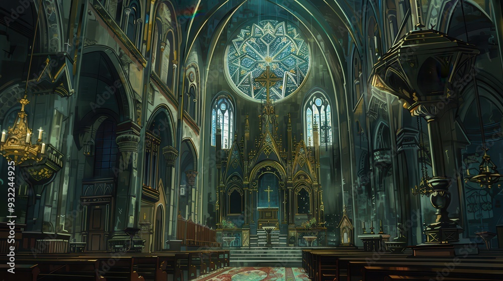 Fototapeta premium The gothic church features elaborate architecture, stained glass windows, and a tranquil atmosphere in the evening light