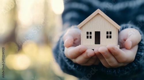 Person holds a wooden house model outdoors during daylight in a natural setting