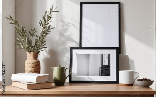 Breakfast still life. Cup of coffee, books and empty picture frame mockup on wooden desk, table. Vase with olive branches. Elegant working space, home office concept. Scandinavian interior design