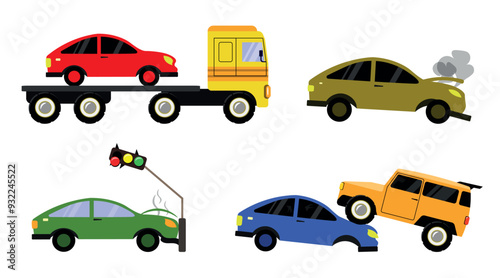 Set of cars after accidents in cartoon style. Vector illustration of a car after an accident: a car on a truck,with smoke,crashed into a traffic light,collision of cars isolated on a white background.