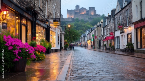 Charming cobblestone street in a medieval village with a castle in the backgr...