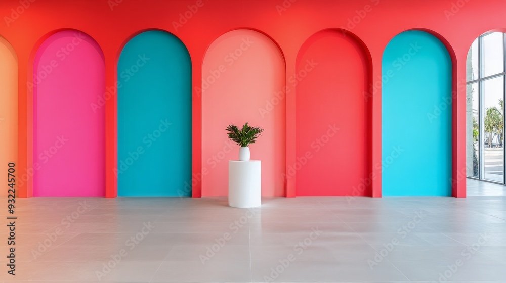 Modern art installation with cylindrical sculpture in vibrant gallery setting Modern art installation with cylindrical sculpture in vibrant gallery setting