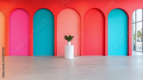 Modern art installation with cylindrical sculpture in vibrant gallery setting