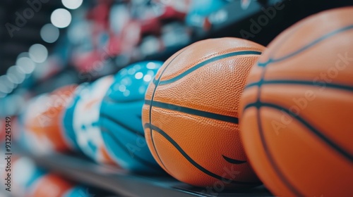 Colorful basketballs lined up on a display shelf in a sports store