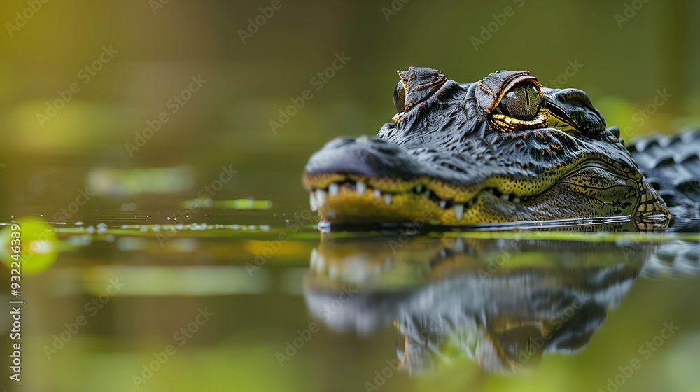 Fototapeta premium Alligator head emerges from calm swamp water during a bright day in the wetlands.