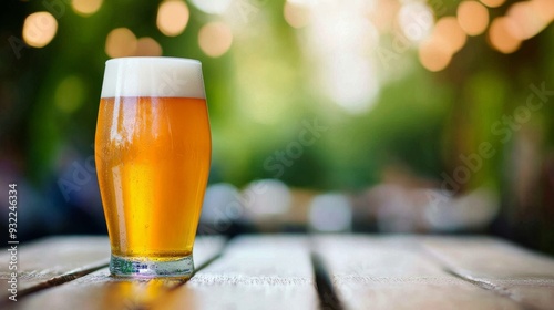 A glass of amber beer on a rustic wooden bar in a cozy pub setting