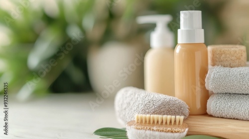 Spa essentials including brush, lotion, and towels on a wooden tray near plan...