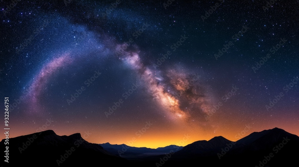 Naklejka premium Starry night sky over calm lake surrounded by mountain ranges at twilight