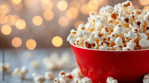 Relaxing evening with a bowl of freshly popped popcorn and warm bokeh background