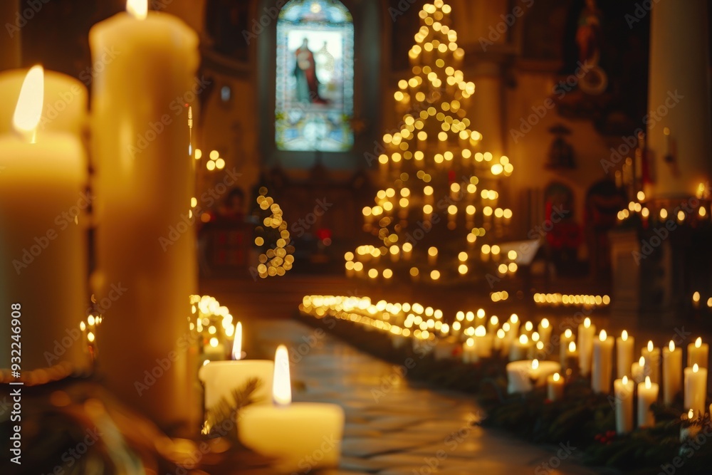 A lit Christmas tree in a church with candles surrounding it, generative ai image A lit Christmas tree in a church with candles surrounding it, generative ai image