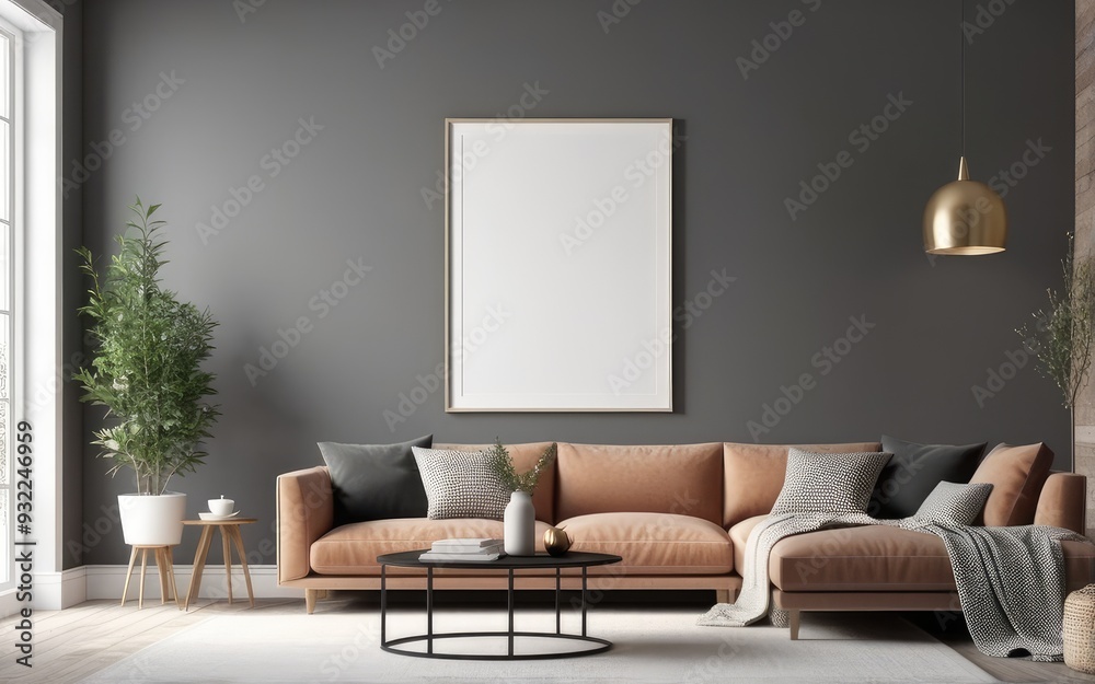 Obraz premium Mock up poster frame in scandinavian style interior. Minimalist interior design. 3D illustration