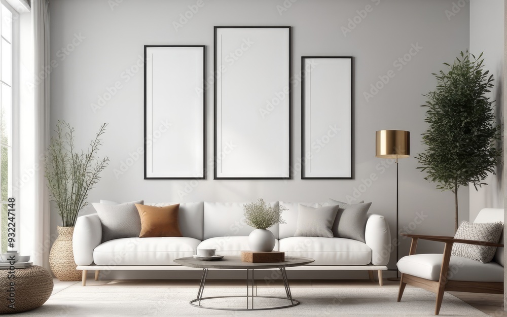 Fototapeta premium Mock up poster frame in scandinavian style interior. Minimalist interior design. 3D illustration