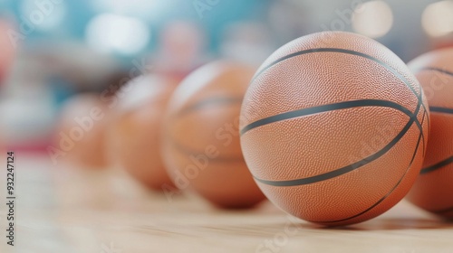 Colorful basketballs lined up on a display shelf in a sports store