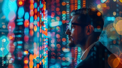 Wallpaper Mural A man gazes thoughtfully at a vibrant, illuminated digital display, reflecting on technology. Torontodigital.ca