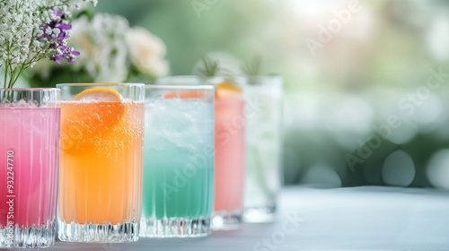 Colorful summer drinks arranged on a table at a garden party