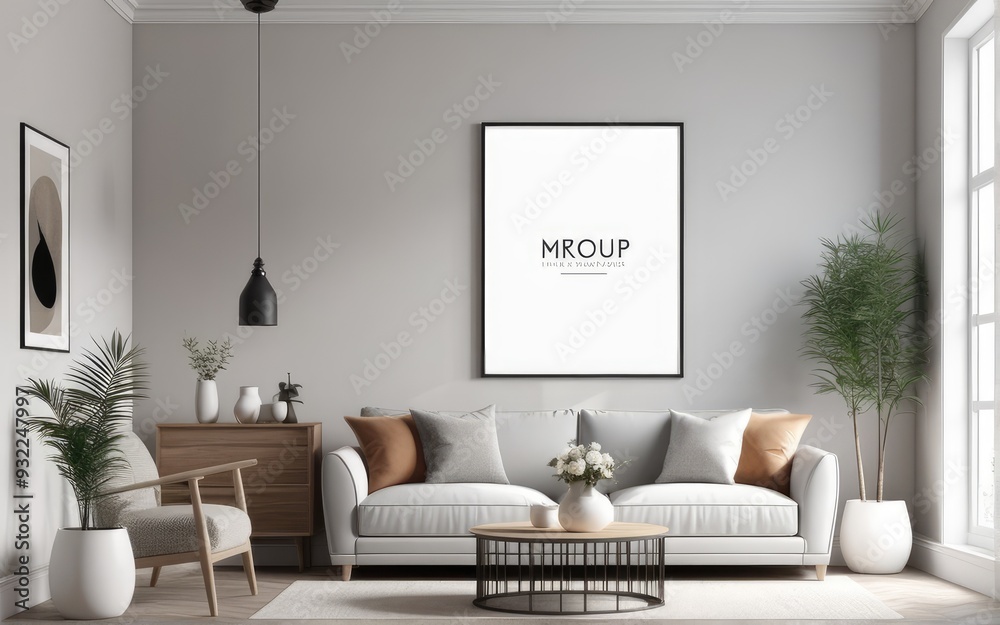 Fototapeta premium Mock up poster frame in scandinavian style interior. Minimalist interior design. 3D illustration