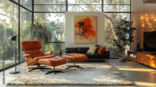 midcentury modern living room iconic lounge chair warm wood tones floortoceiling windows sculptural floor lamp abstract art plush area rug retro color palette photo