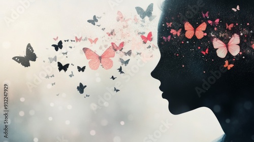 Woman's silhouette with colorful butterflies emerging at dusk