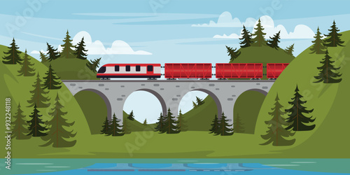 Vector illustration of a beautiful mountain landscape with a bridge and a train. Cartoon scenes of summer landscape with bridge, train, river,green Christmas trees,hills,mountains, slopes, sky,clouds.