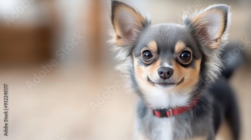 Cute Chihuahua standing indoors with a playful expression