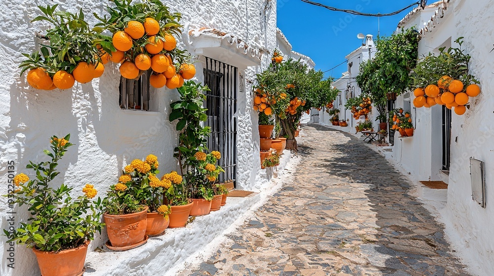 Fototapeta premium A cobblestone path, flanked by orange planters and suspended on the facade of a white plaster structure