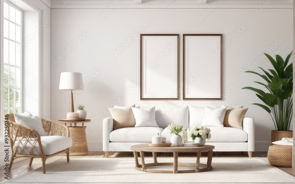 Frame mockup in bright living room design, white sofa in farmhouse boho interior style, 3d render Frame mockup in bright living room design, white sofa in farmhouse boho interior style, 3d render