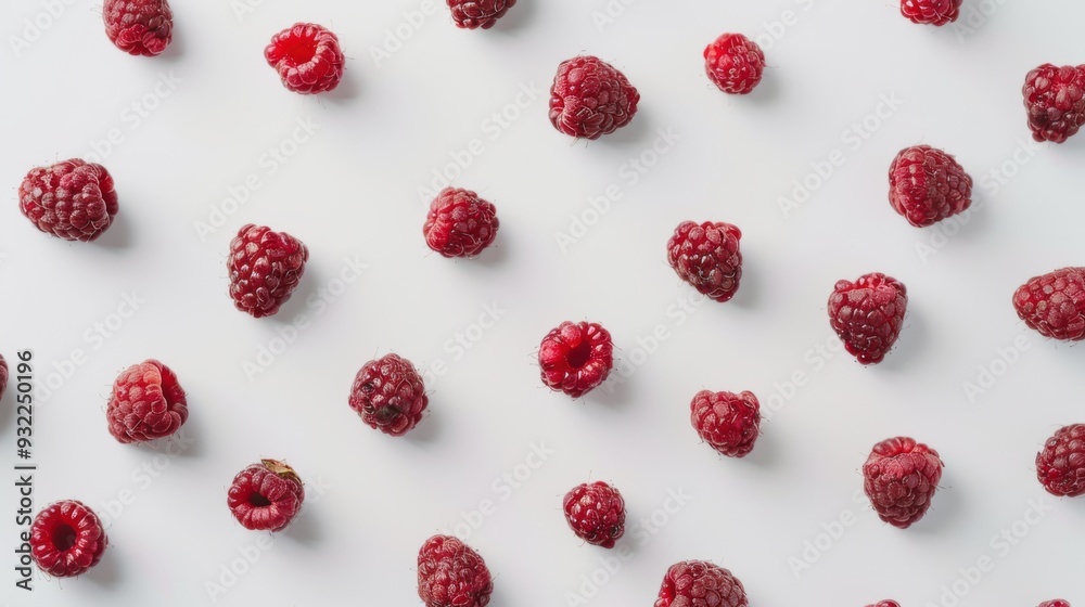 White surface covered with an abundance of ripe, fresh raspberries arranged in a pattern