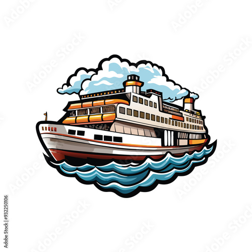 Illustration of a modern passenger ferry sailing on the ocean with a bright blue sky and fluffy white clouds.