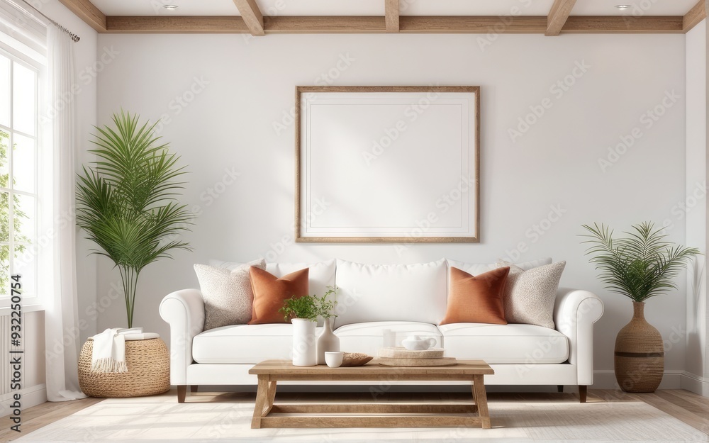 Fototapeta premium Frame mockup in bright living room design, white sofa in farmhouse boho interior style, 3d render