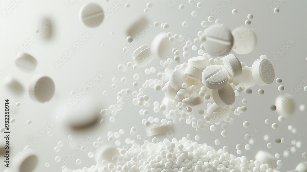 Medicine Falling onto Counter and Piling Up, Prescription Pharmaceuticals Supplements Medicinal Tablets Dropping, White Pills Close-up on Isolated Background Medicine Falling onto Counter and Piling Up, Prescription Pharmaceuticals Supplements Medicinal Tablets Dropping, White Pills Close-up on Isolated Background