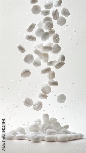 Medicine Falling onto Counter and Piling Up, Prescription Pharmaceuticals Supplements Medicinal Tablets Dropping, White Pills Close-up on Isolated Background