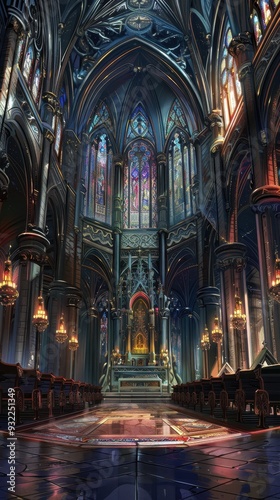 Stunning gothic church interior showcases intricate design and colorful stained glass windows illuminated by soft light