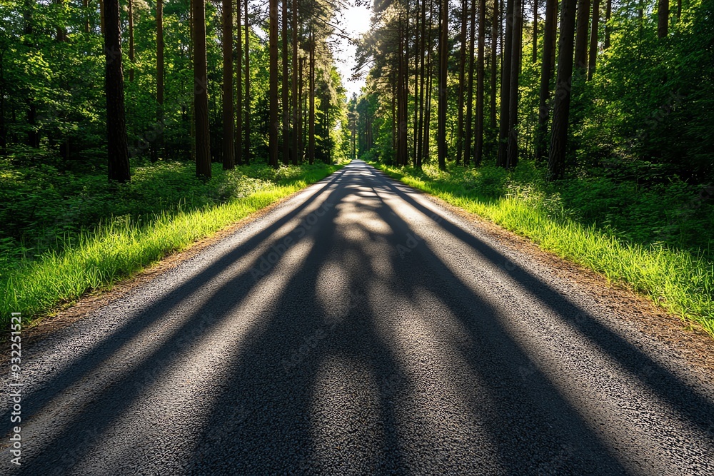 Naklejka premium A serene road surrounded by tall trees, casting dramatic shadows in golden sunlight, perfect for nature and tranquility themes.