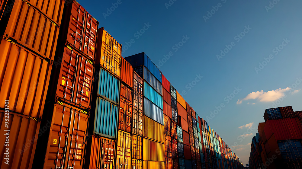 Fototapeta premium A colorful wall of shipping containers stacked high against a clear blue sky.