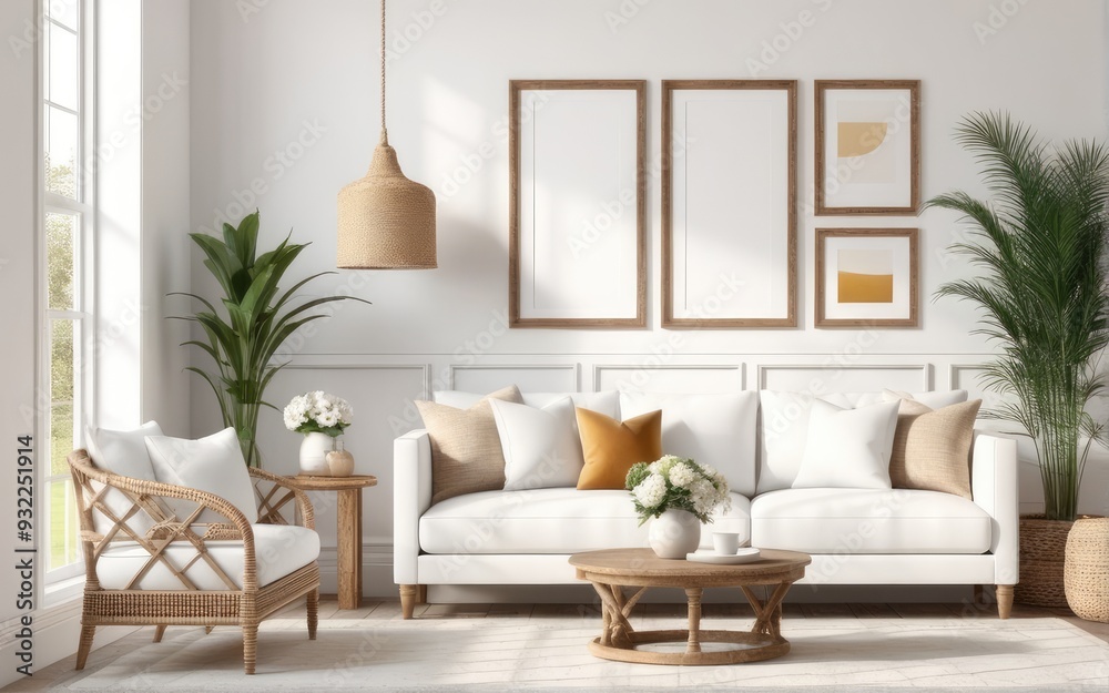 Fototapeta premium Frame mockup in bright living room design, white sofa in farmhouse boho interior style, 3d render
