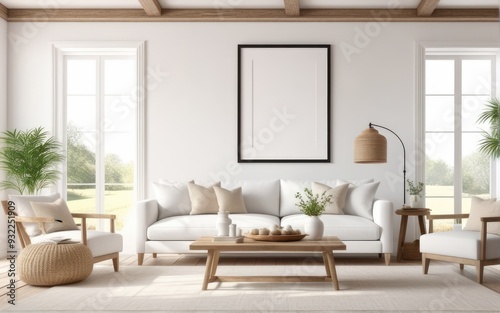 Frame mockup in bright living room design, white sofa in farmhouse boho interior style, 3d render