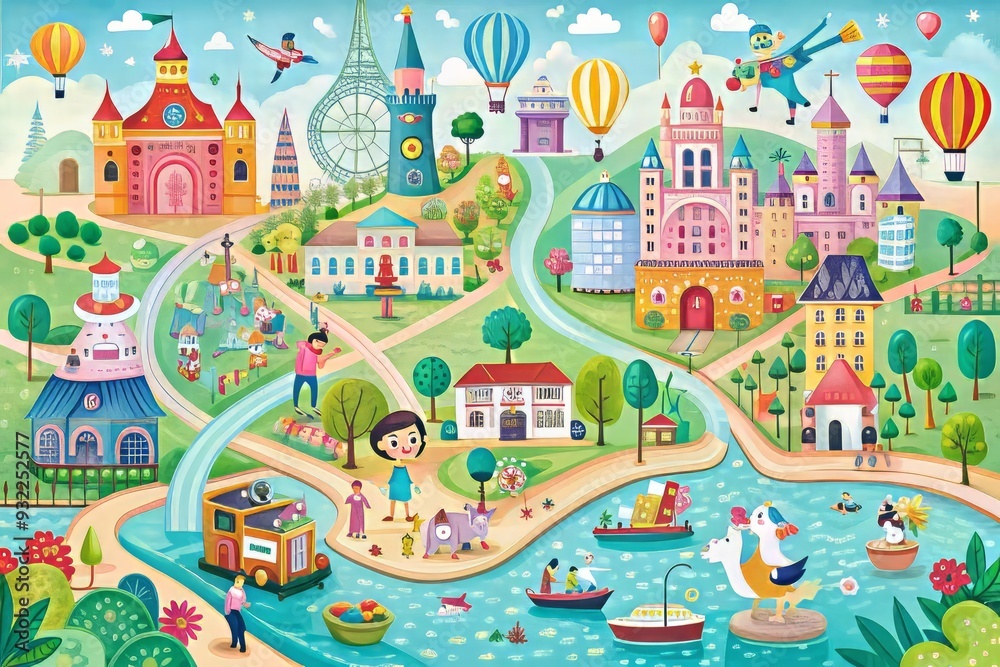 A vibrant Louisville street map transformed into a fantastical world with playful characters and objects in bright pastel hues. A vibrant Louisville street map transformed into a fantastical world with playful characters and objects in bright pastel hues.