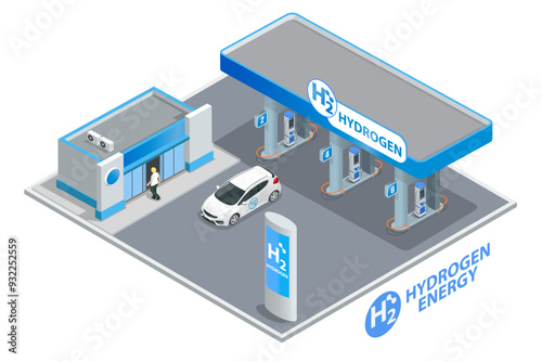 Isometric Hydrogen fuel car charging station with two dispensers for H2 vehicles. Hydrogen powered transportation. Green energy